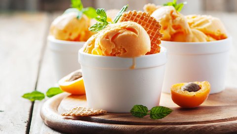 Обои мята, мороженое, абрикос, персики, сладкое, десерт, вафли, mint, ice cream, apricot, peaches, sweet, dessert, waffles разрешение 1920x1200 Загрузить