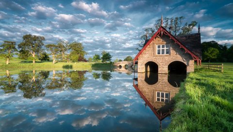 Обои озеро, природа, отражение, пейзаж, домик, lake, nature, reflection, landscape, house разрешение 1920x1200 Загрузить