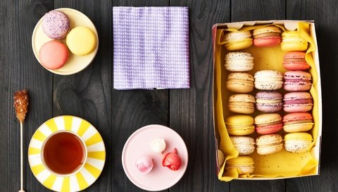 Обои чай, сладкое, выпечка, десерт, макаруны, tea, sweet, cakes, dessert, macaroon разрешение 2880x1800 Загрузить