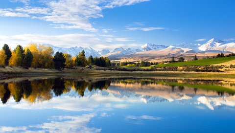 Обои небо, облака, озеро, природа, лес, отражение, осень, the sky, clouds, lake, nature, forest, reflection, autumn разрешение 2880x1800 Загрузить