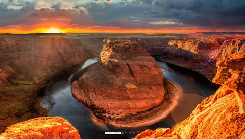Обои река, crafts of colorado, скалы, природа, закат, каньон, аризона, колорадо, horseshoe bend, хорсшу-бенд, river, rocks, nature, sunset, canyon, az, colorado разрешение 2048x1092 Загрузить