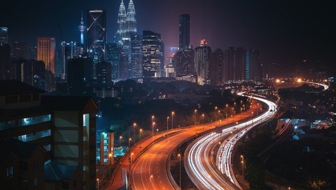 Обои огни, небоскребы, дороги, малайзия, куала-лумпур, lights, skyscrapers, road, malaysia, kuala lumpur разрешение 2048x1367 Загрузить