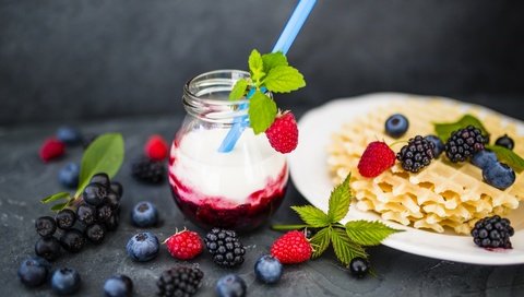 Обои малина, ягоды, черника, завтрак, вафли, свежие ягоды, raspberry, berries, blueberries, breakfast, waffles, fresh berries разрешение 4050x2700 Загрузить