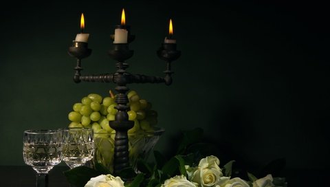 Обои цветы, свечи, виноград, розы, черный фон, натюрморт, нат, flowers, candles, grapes, roses, black background, still life, nat разрешение 2500x1965 Загрузить