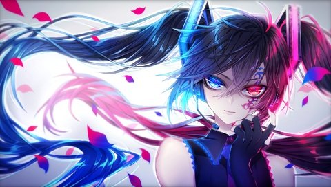 Обои девушка, лепестки, аниме, тату, вокалоид, bicolored eyes, мику хацунэ, girl, petals, anime, tattoo, vocaloid, hatsune miku разрешение 1920x1080 Загрузить