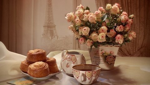 Обои цветы, розы, букет, чай, выпечка, натюрморт, кексы, flowers, roses, bouquet, tea, cakes, still life, cupcakes разрешение 1920x1080 Загрузить