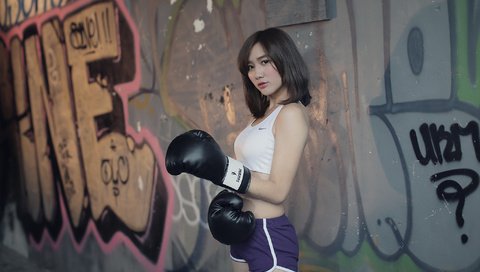 Обои девушка, спорт, азиатка, боксерские перчатки, girl, sport, asian, boxing gloves разрешение 2048x1365 Загрузить