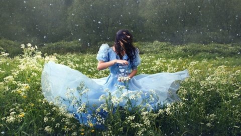 Обои цветы, девушка, настроение, платье, луг, волосы, flowers, girl, mood, dress, meadow, hair разрешение 1920x1080 Загрузить