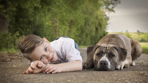 Обои улыбка, собака, ребенок, мальчик, друзья, smile, dog, child, boy, friends разрешение 6000x4000 Загрузить