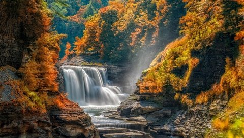 Обои деревья, река, скалы, природа, камни, пейзаж, водопад, осень, trees, river, rocks, nature, stones, landscape, waterfall, autumn разрешение 1920x1280 Загрузить