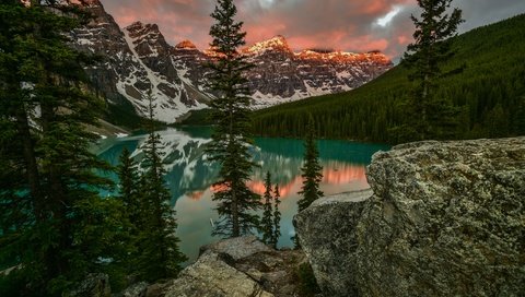 Обои деревья, озеро, горы, скалы, природа, канада, альберта, морейн, trees, lake, mountains, rocks, nature, canada, albert, moraine разрешение 7360x4912 Загрузить