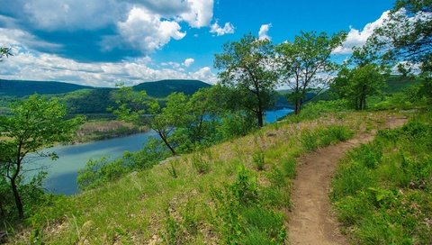 Обои небо, трава, облака, деревья, природа, пейзаж, тропинка, the sky, grass, clouds, trees, nature, landscape, path разрешение 2048x1342 Загрузить