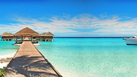 Обои пляж, бунгало, тропики, катер, мальдивы, beach, bungalow, tropics, boat, the maldives разрешение 5655x2150 Загрузить
