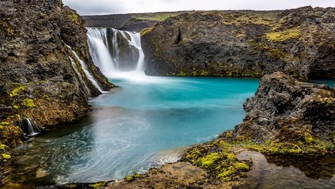 Обои скалы, камни, водопад, исландия, sigoldufoss, водопад сиголдуфосс, rocks, stones, waterfall, iceland разрешение 5240x3400 Загрузить