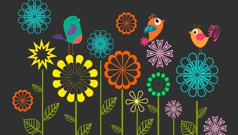Обои цветы, вектор, птицы, весна, черный фон, flowers, vector, birds, spring, black background разрешение 3000x2000 Загрузить