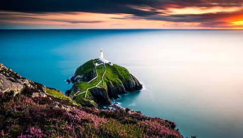 Обои небо, цветы, облака, закат, море, скала, маяк, горизонт, the sky, flowers, clouds, sunset, sea, rock, lighthouse, horizon разрешение 2500x1661 Загрузить