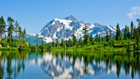 Обои небо, деревья, озеро, горы, снег, отражение, озеро. горы, the sky, trees, lake, mountains, snow, reflection, the lake. mountains разрешение 3000x1935 Загрузить