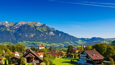 Обои небо, горы, природа, деревня, швейцария, городок, альпы, the sky, mountains, nature, village, switzerland, town, alps разрешение 5294x3530 Загрузить