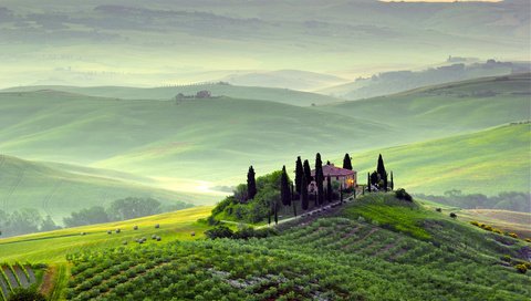 Обои холмы, пейзаж, сад, дом, италия, виноградник, тоскана, hills, landscape, garden, house, italy, vineyard, tuscany разрешение 4000x2666 Загрузить