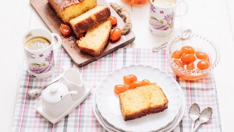 Обои фрукты, чай, выпечка, цитрусы, кекс, кумкват, fruit, tea, cakes, citrus, cupcake, kumquat разрешение 2048x1370 Загрузить