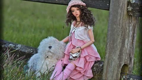 Обои трава, забор, собака, кукла, волосы, лицо, игрушки, шляпка, grass, the fence, dog, doll, hair, face, toys, hat разрешение 2000x1334 Загрузить