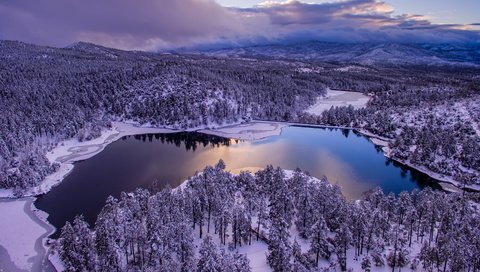 Обои небо, пейзаж, облака, деревья, озеро, снег, природа, лес, зима, the sky, landscape, clouds, trees, lake, snow, nature, forest, winter разрешение 3840x2400 Загрузить