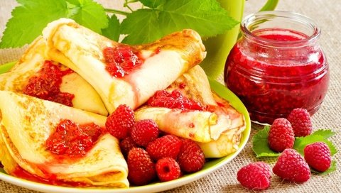 Обои малина, ягоды, блинчики, блины, варенье, raspberry, berries, pancakes, jam разрешение 1920x1200 Загрузить