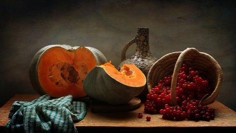 Обои осень, кувшин, тыква, натюрморт, калина, autumn, pitcher, pumpkin, still life, kalina разрешение 2829x1649 Загрузить