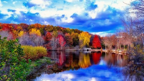 Обои небо, облака, деревья, река, мостик, отражение, осень, the sky, clouds, trees, river, the bridge, reflection, autumn разрешение 2048x1376 Загрузить