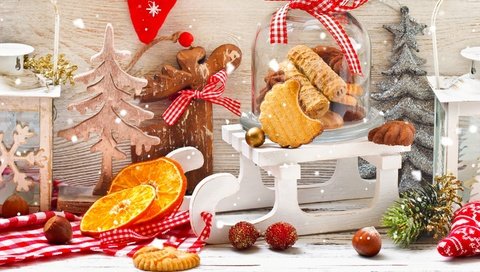 Обои новый год, рождество, елочные украшения, печенье, new year, christmas, christmas decorations, cookies разрешение 2880x1800 Загрузить