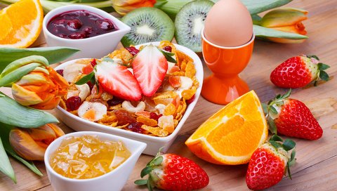 Обои фрукты, ягоды, завтрак, яйцо, мюсли, fruit, berries, breakfast, egg, muesli разрешение 1920x1200 Загрузить