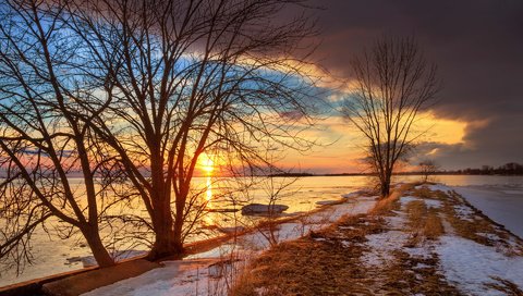 Обои деревья, река, природа, закат, зима, пейзаж, viktor elizarov, trees, river, nature, sunset, winter, landscape разрешение 1920x1200 Загрузить