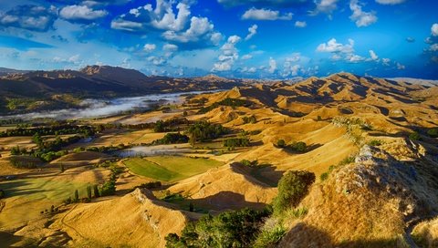 Обои небо, облака, горы, холмы, пейзаж, долина, новая зеландия, the sky, clouds, mountains, hills, landscape, valley, new zealand разрешение 4711x3197 Загрузить