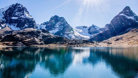 Обои озеро, горы, природа, отражение, солнечный свет, nevado sajama, lake, mountains, nature, reflection, sunlight разрешение 3000x2000 Загрузить