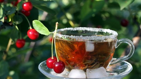 Обои листья, напиток, ягода, лёд, вишня, чашка, чай, leaves, drink, berry, ice, cherry, cup, tea разрешение 1920x1200 Загрузить