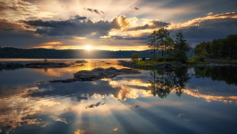 Обои небо, облака, деревья, озеро, закат, отражение, горизонт, the sky, clouds, trees, lake, sunset, reflection, horizon разрешение 2000x1335 Загрузить