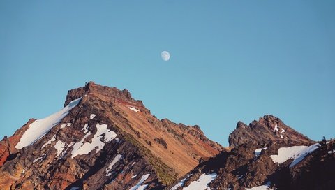 Обои небо, горы, снег, луна, the sky, mountains, snow, the moon разрешение 3840x2559 Загрузить