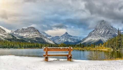 Обои небо, облака, деревья, озеро, горы, скамья, the sky, clouds, trees, lake, mountains, bench разрешение 1920x1282 Загрузить