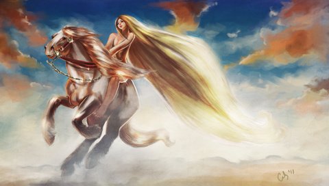 Обои длинные волосы, небо, lady godiva, арт, облака, девушка, животное, конь, грива, скачет, long hair, the sky, art, clouds, girl, animal, horse, mane, jump разрешение 4800x2700 Загрузить