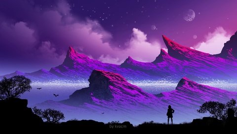 Обои горы, девушка, силуэт, mountains, girl, silhouette разрешение 1920x1080 Загрузить