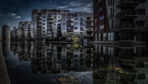 Обои вода, отражения, фон, серый, дома, строения, water, reflection, background, grey, home, structure разрешение 1920x1080 Загрузить