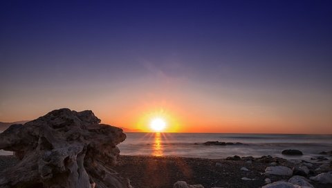 Обои камни, берег, закат, море, горизонт, рассвет, stones, shore, sunset, sea, horizon, dawn разрешение 3840x2160 Загрузить