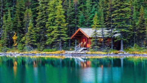 Обои деревья, озеро, лес, отражение, дом, хижина, trees, lake, forest, reflection, house, hut разрешение 3840x2160 Загрузить