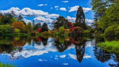 Обои небо, облака, деревья, озеро, отражение, the sky, clouds, trees, lake, reflection разрешение 3840x2160 Загрузить