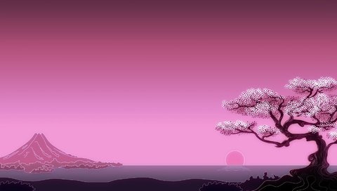 Обои арт, солнце, дерево, море, гора, япония, минимализм, art, the sun, tree, sea, mountain, japan, minimalism разрешение 1920x1080 Загрузить