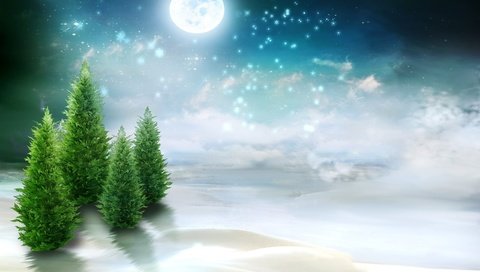 Обои рисунок, деревья, снег, природа, луна, ели, figure, trees, snow, nature, the moon, ate разрешение 2560x1600 Загрузить