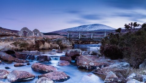 Обои небо, река, камни, пейзаж, гора, мост, the sky, river, stones, landscape, mountain, bridge разрешение 1920x1080 Загрузить