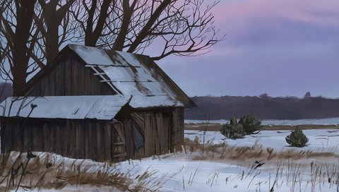 Обои небо, хижина, арт, tanya sergienko, снег, дерево, закат, зима, дом, сумерки, the sky, hut, art, snow, tree, sunset, winter, house, twilight разрешение 3840x2160 Загрузить