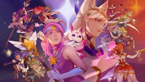 Обои lux, lulu, poppy, syndra, miss fortune, ahri, лига легенд, janna, jinx, soraka, ezreal, star guardians, league of legends, soraka is разрешение 1920x1080 Загрузить