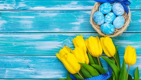 Обои букет, тюльпаны, пасха, яйца, желтые, bouquet, tulips, easter, eggs, yellow разрешение 5461x3641 Загрузить